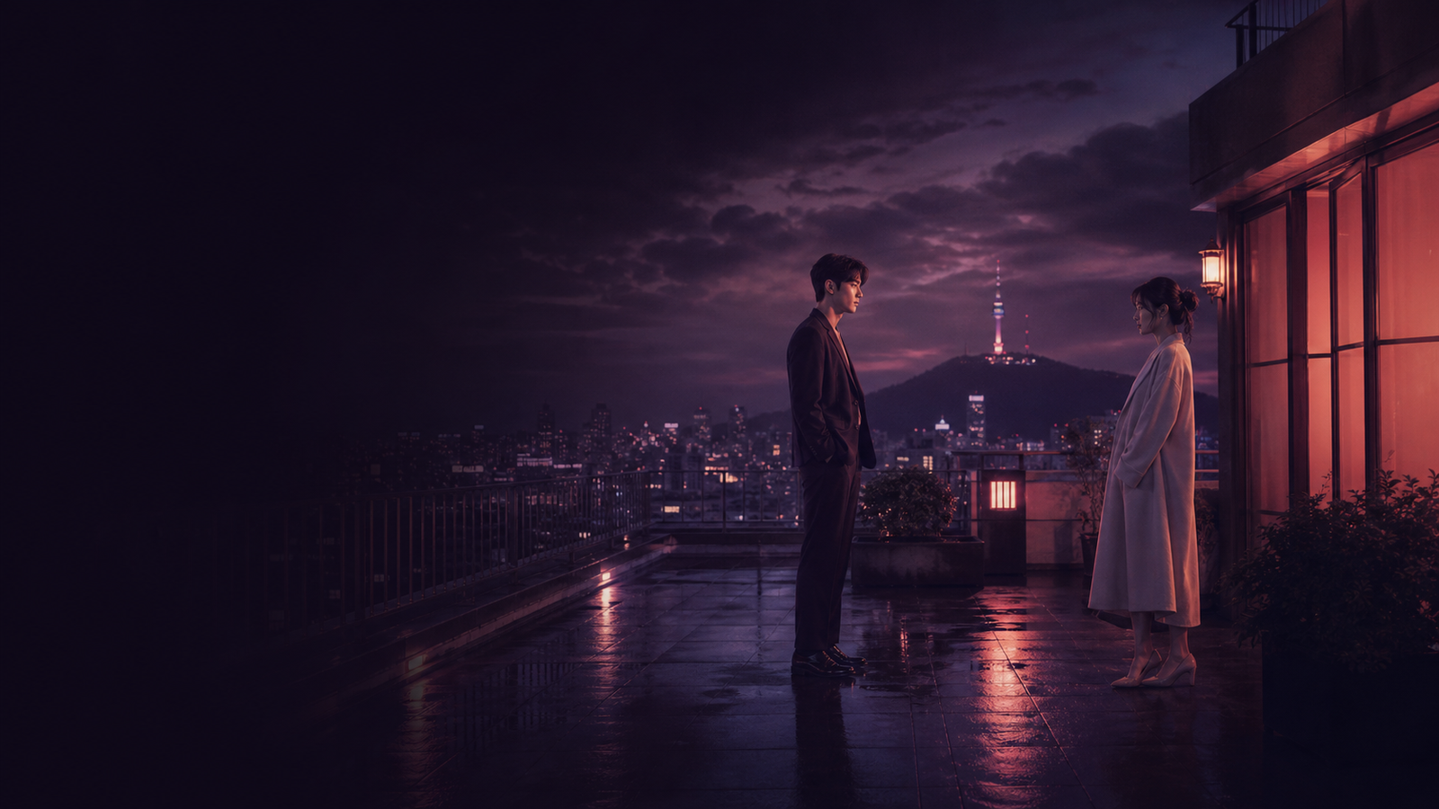 Casal em um terraço de Seul à noite